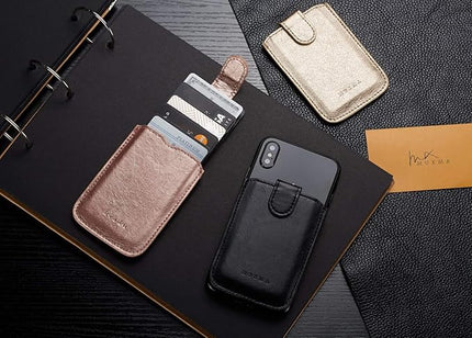 Phone Card Holder RFID Sleeve, Pu Leather Back Phone Wallet Stick-On Pull up 5 Card Holder Cards Cash for iPhone/Android/Samsung/All Smartphones (Gold)