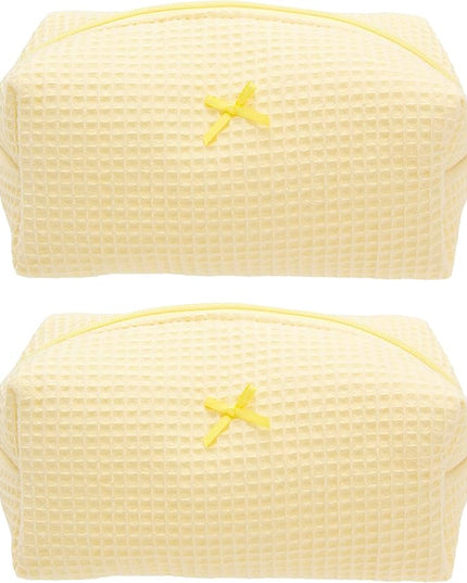 PAZIMIIK 2PCS Cozy Makeup Bag Travel Cosmetic Bag for Women Soft Toiletry Bag Aesthetic Makeup Organizer Portable Large Zipper Pouch for Skincare Beauty Accessories Brushes Waffle Check Yellow