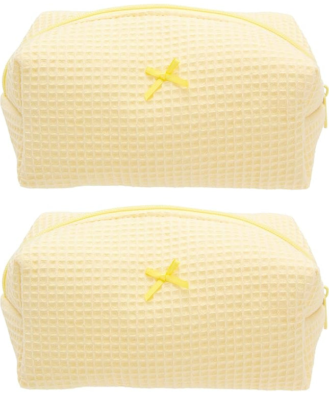 PAZIMIIK 2PCS Cozy Makeup Bag Travel Cosmetic Bag for Women Soft Toiletry Bag Aesthetic Makeup Organizer Portable Large Zipper Pouch for Skincare Beauty Accessories Brushes Waffle Check Yellow