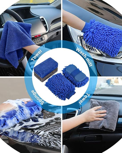 AUTODECO 22Pcs Car Wash Cleaning Tools Kit Car Detailing Set with Blue Canvas Bag Collapsible Bucket Wash Mitt Sponge Towels Tire Brush Window Scraper Duster Complete Interior Car Care Kit
