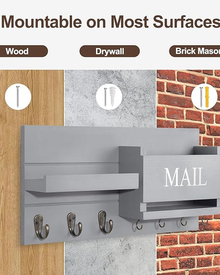 Lwenki Mail Organizer for Wall Mount – Key Holder with Shelf Includes Letter Holder and Hooks for Hallway Farmhouse Decor – Rustic Wood with Flush Mounting Hardware (16.5” x 9.1” x 3.4”) (Gray)