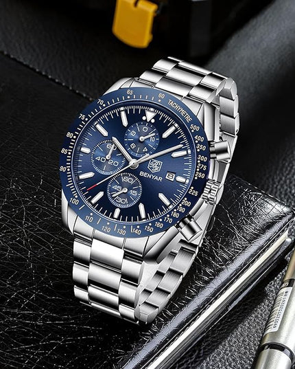 BY BENYAR Watch for Men Analog Quartz Chronograph Waterproof Luminous Designer Mens Wrist Watches Business Work Sport Casual Dress Watch with Silicone Strap Elegant Gifts for Men