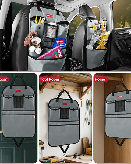 Rubbermaid Backseat Car Organizer, Kick Mats and Seat Back Protector, Car Organizer for Kids with 6 Storage Pockets, Travel Essentials for SUV, Truck, Car - 2 packs Gray