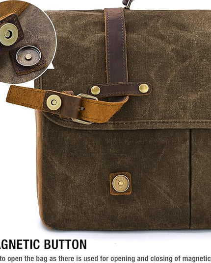 Mens Messenger Bag 15.6 Inch Waterproof Vintage Genuine Leather Waxed Canvas Briefcase Large Leather Computer Laptop Bag Rugged Satchel Shoulder Bag, Coffee
