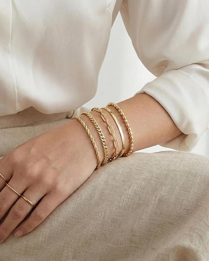 Gold Bracelets Set for Women Stack, Dainty Thick Bracelets Stack for Women Trendy, Simple Thin Gold Plated Cuff Stackable Bracelets With Beaded Cuban Paperclip Snake Rope Bangle Hand Chain Jewelry Gifts for Women Non Tainish