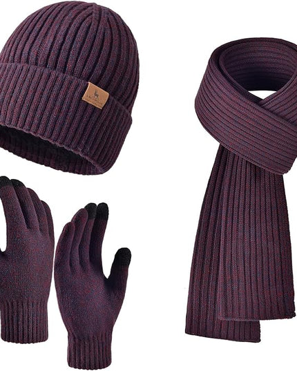 Men Women Winter Beanie Hats Scarf with Touchscreen Gloves Warm Knit Themal Gloves Long Scarf Set with Fleece Lined