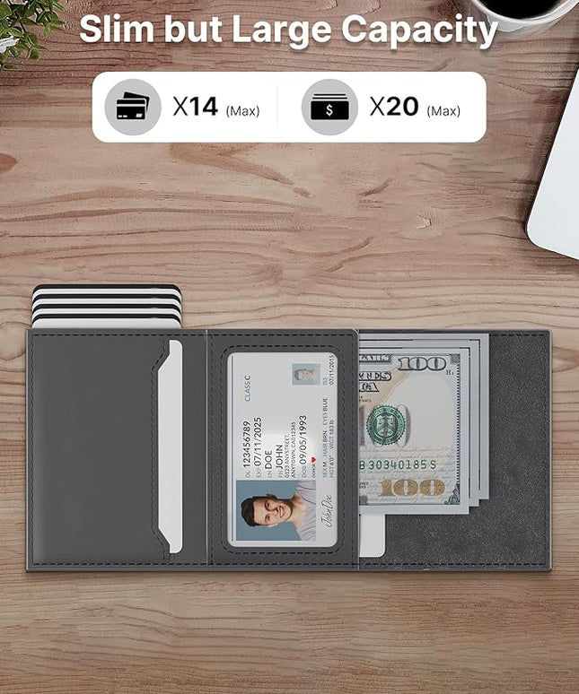 typecase Mens Wallet Card Holder: Pop Up Aluminum Case, Premium Genuine Leather, Smart, RFID Blocking, Slim, Minimalist, Front Pocket - 9-14 Card Capacity | ID Window | Cash Slot - Deep Grey