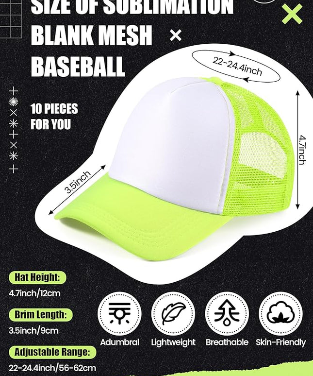 10 Pcs Sublimation Blank Trucker Hats Bulk Mesh Baseball Cap Polyester Mesh Trucker Hat for Men and Women