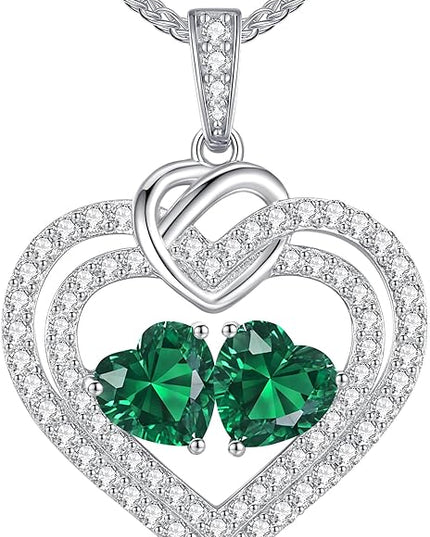 LOUISA SECRET Sparkling Double Heart Birthstone Necklaces for Women, 925 Sterling Silver Fine Jewelry, Pendant Heart Necklaces Birthday Anniversary Christmas Gift for Women Wife Mom Girlfriend Lady