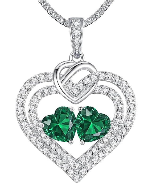 LOUISA SECRET Sparkling Double Heart Birthstone Necklaces for Women, 925 Sterling Silver Fine Jewelry, Pendant Heart Necklaces Birthday Anniversary Christmas Gift for Women Wife Mom Girlfriend Lady