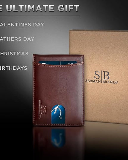 SERMAN BRANDS RFID Blocking Slim Bifold Genuine Leather Minimalist Front Pocket Wallets for Men with Money Clip Thin Mens
