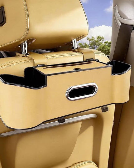 Car Backseat Organizer for Kids & Travelers - 4 in 1 Multifunctional Car Seat Back Storage with Cup Holder, Tissue Box, Snack/Handbag Holder - Nappa Leather Universal Fit for SUV/Van/Sedan (Beige)