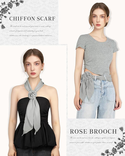 Chiffon Scarf for Women, Removable Flower Neck Scarf Light Soft Fashion Rose Scarves Versatile Headband or Hair Band