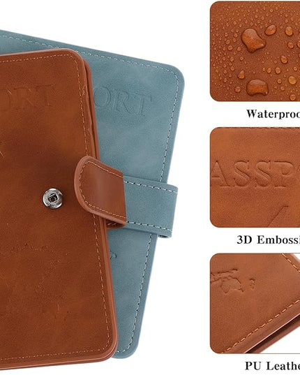 2PCS Passport Book Holder for Travel, Leather Passports Cover with Snap Closure, RFID Blocking Passport Holders Book Case Travel Wallet for Women Men, Airport Essentials Gift(Light Blue/Brown)
