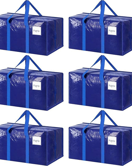 6 Pack Extra Heavy Duty Large Moving Bags with Strong Zipper & Comfortable Handles, Sturdy & Durable Clothes Storage Bags Totes Bins, Packing Moving Boxes for College Supplies, Blue