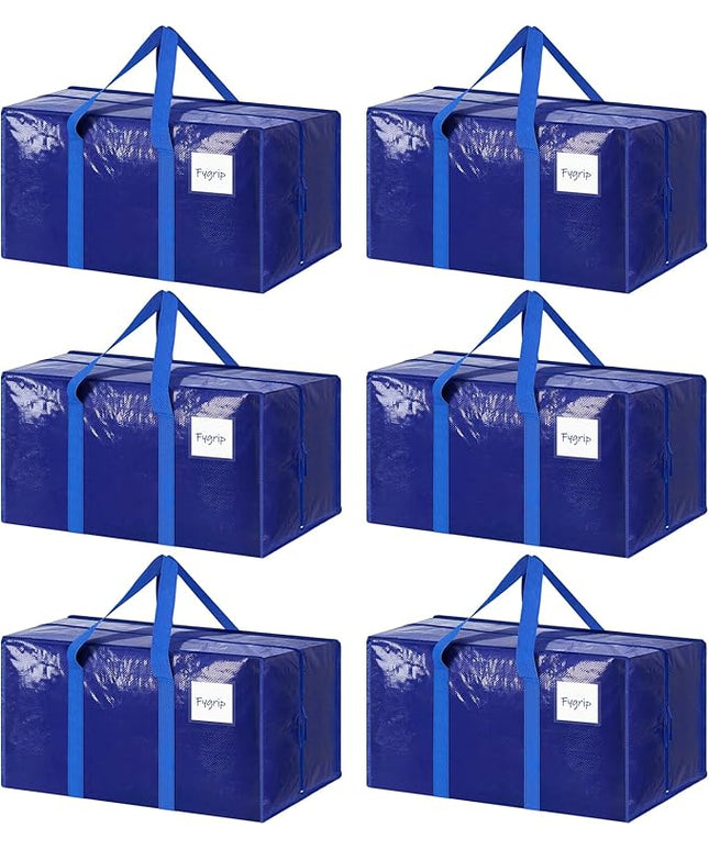 6 Pack Extra Heavy Duty Large Moving Bags with Strong Zipper & Comfortable Handles, Sturdy & Durable Clothes Storage Bags Totes Bins, Packing Moving Boxes for College Supplies, Blue