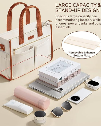Canvas Tote Bag for Women, 15-Pockets Work Laptop Tote Purse Large Crossbody Nurse Teacher Bible Bag for School Travel Daily | with Strap & Zipper, Multi Compartment, Stand Upright Stably, College Shoulder Bag, Clinical Nursing Bag, Ideal Gift for Women