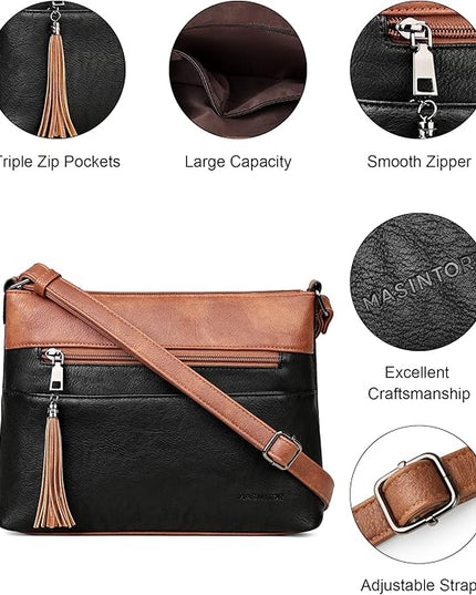 MASINTOR Crossbody Bags for Women, Lightweight Medium Crossbody Purse, Soft Leather Women's Shoulder Handbags with Tassel