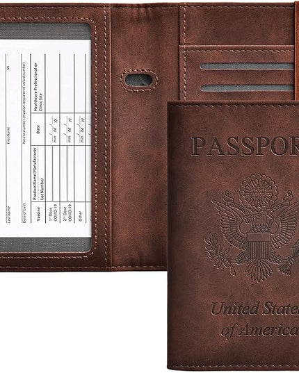 HerriaT Passport and Vaccine Card Holder Combo,Cover Case with CDC Vaccination Card Slot, Leather Travel Documents Organizer Protector, with RFID Blocking, for Women and Men