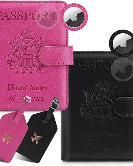 2 Pack Passport Holder For Travel with Slot for AirTag & Luggage Tag Cover – RFID Blocking Passport Holder for Travel Women/Men | PU Leather Passport Case with Pocket, Black/Pink