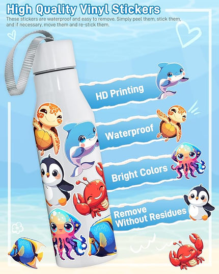 100 Pcs Cartoon Ocean Animal Stickers Pack for Kids Teens Adults,Cute Sea Life Waterproof Vinyl Decals Under The Sea Fish Turtle Stickers for Water Bottles Ocean Theme Party Favors Teacher Rewards