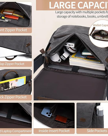 Nerlion Messenger Bag for Men 17-17.3 Inch Laptop Bag Canvas Water-resistant Computer Bag Shoulder Bag Work Briefcase Bookbag for College (Gray)