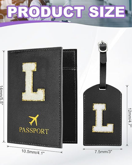 PATIKIL Passport Holder for Travel, Initial Passport Cover and Luggage Tag Set with Alphabet Chenille Letter Patch Travel Wallet Bag Suitcase Identifier for Women Family Travel Black L