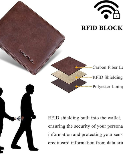 VISOUL Mens Bifold Leather RFID Blocking Wallet with 2 ID Windows, Soft Genuine Leather Card Holder Wallet with 2 Cash Compartments for Men (Coffee)