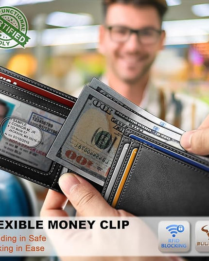 BULLIANT Men Wallet,Slim Leather Wallet Money Clip Magnetic Closure Simplifed Bill Folder 10Cards RFID Blocking 4.3"×3"