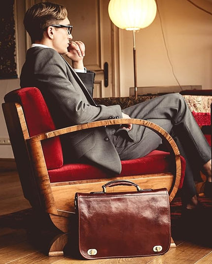 Time Resistance Leather Briefcase for Men - Italian Full Grain Leather Laptop Bag - Messenger Bag - Gift Box Included