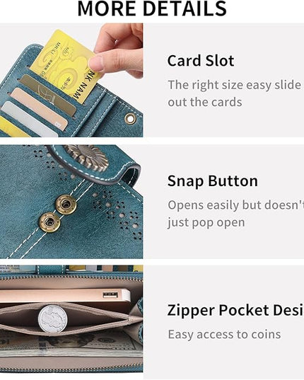 SENDEFN Wallet for Women RFID Blocking Leather Clutch Long Purse Large Capacity Credit Card Holder Wristlet