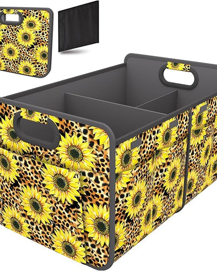 Homeve Trunk Organizer, Car Storage, Reinforced Handles, Collapsible Multi-Compartment, Foldable, Waterproof, Sturdy, 600D Oxford Polyester For Car, SUV, Mini-Van, Sunflower Leopard Print, 2 Compart