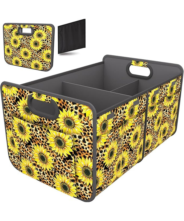 Homeve Trunk Organizer, Car Storage, Reinforced Handles, Collapsible Multi-Compartment, Foldable, Waterproof, Sturdy, 600D Oxford Polyester For Car, SUV, Mini-Van, Sunflower Leopard Print, 2 Compart