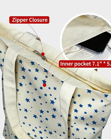 Tote Bag for Women, Reusable Zippered Canvas Bag with Handles Pocket Thick Canvas, for Grocery Shopping Beach Gift