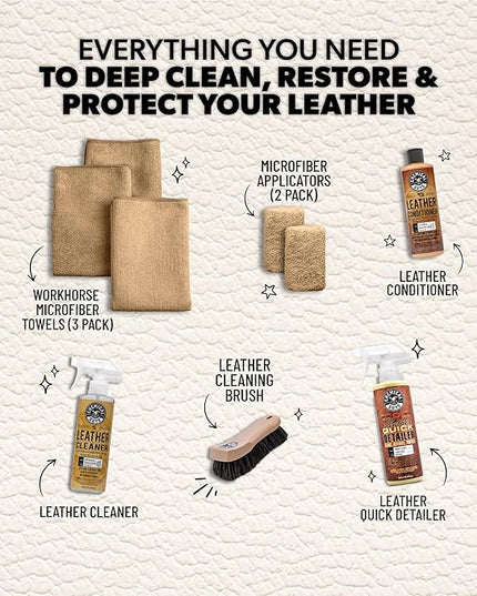 Chemical Guys Leather Cleaner and Conditioner Detailing Kit - Leather Care Kit For Natural, Synthetic, Faux, Pleather, and More for Car Interiors, Apparel, Furniture, Boots & Accessories - 9 Items