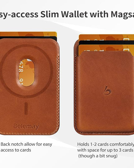 Belemay Strong Magnetic Wallet Compatible with Magsafe, Luxury Minimal Card Holder for 1-2 Cards, Premium Full-grain Smooth Leather Compatible with iPhone 17/16/15/14/13/12 series&MagSafe cases, Brown
