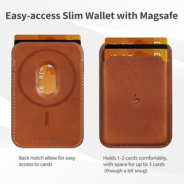 Belemay Strong Magnetic Wallet Compatible with Magsafe, Luxury Minimal Card Holder for 1-2 Cards, Premium Full-grain Smooth Leather Compatible with iPhone 17/16/15/14/13/12 series&MagSafe cases, Brown