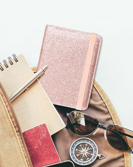 ACdream Passport Holder Cover, Leather Travel Wallet Case, RFID Blocking Document Organizer Protecrtor, with Slots for Credit Cards, Boarding Pass, for Women and Men, Glitter Rose Gold