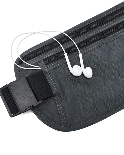 RFID Blocking Money Belt for Men Women, Slim Fanny Pack for Travel，Running,Conceal Waist Wallet for Passport Holder,Phone,Cash(Black Dark Grey)