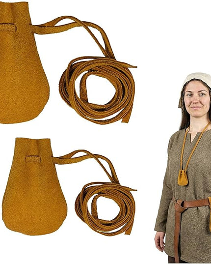Mythrojan Small Trinket Pouches Suede Leather Drawstring Coin & Dice Bags for LARP, SCA, Viking & Medieval Events (Yellow - Pack of 2)