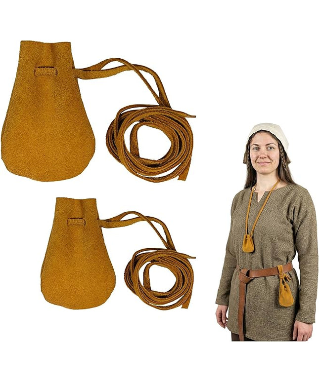 Mythrojan Small Trinket Pouches Suede Leather Drawstring Coin & Dice Bags for LARP, SCA, Viking & Medieval Events (Yellow - Pack of 2)