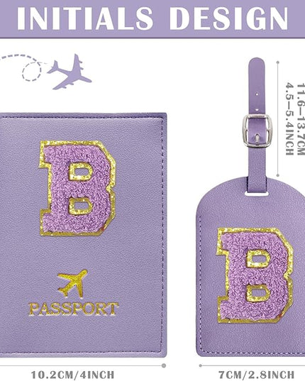 COSHAYSOO Initial Passport Cover Luggage Tag Set Letter Passport Holder Airplane Cruise Travel Essentials Vacation Traveling Accessories Personalized Gifts for Women Teen College Girls Purple B