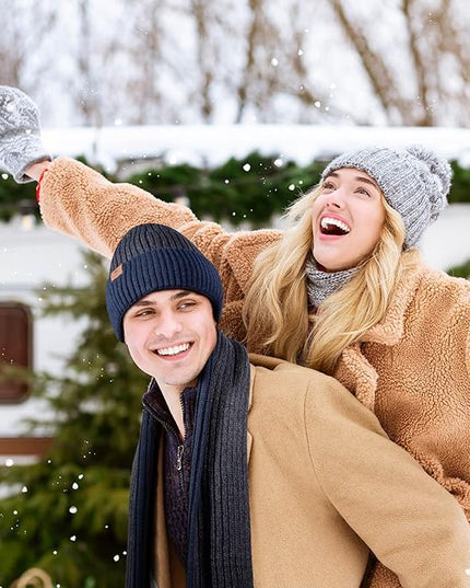 Men Women Winter Beanie Hats Scarf with Touchscreen Gloves Warm Knit Themal Gloves Long Scarf Set with Fleece Lined