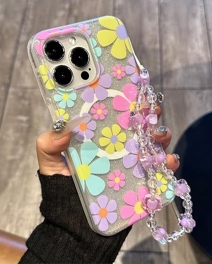 Compatible with iPhone 12 Pro Cases Cute Bling Sparkly Floral Phone case,Flower with Wrist Strap Design, Compatible MagSafe Silicone Shockproof Phone case for Women and Teenage Girls.