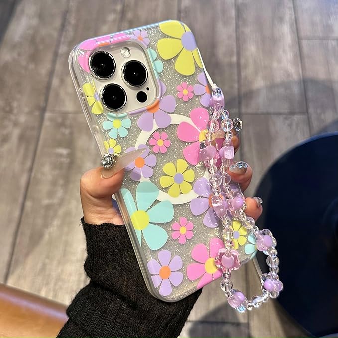 Compatible with iPhone 12 Cases Cute Bling Sparkly Floral Phone case,Flower with Wrist Strap Design, Compatible MagSafe Silicone Shockproof Phone case for Women and Teenage Girls.