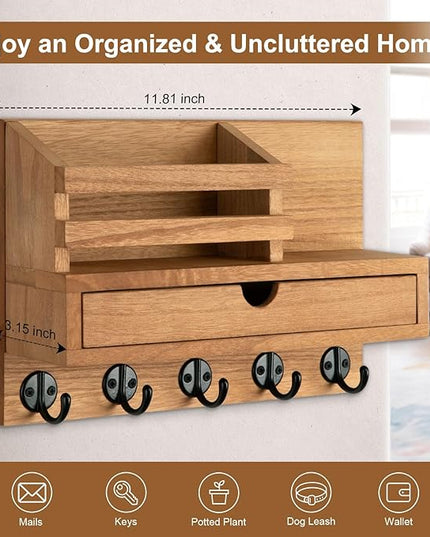 Lucundm Key Holder Wall Mount, Mail Holder with Storage Drawer and 5 Key Hooks for Coat, Dog Leash, Home Decor Rack, House Accessories, Entry Way Organizer (Wood)