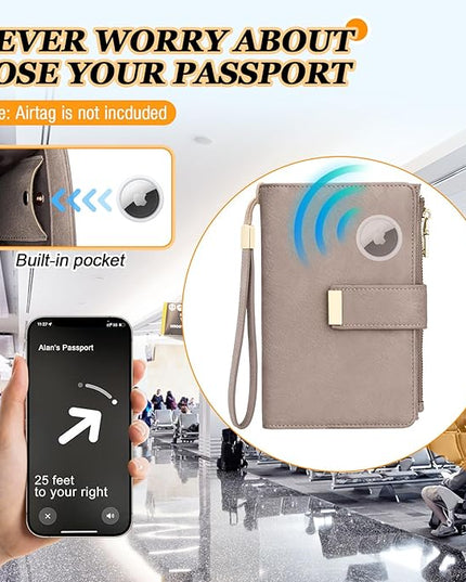 HUANLANG Passport Holder with Airtag for Women/Men, Airtag Passport Wallet for Travel Leather Passport Holder RFID Blocking,Travel Passport Walelt with Credit Card Holder