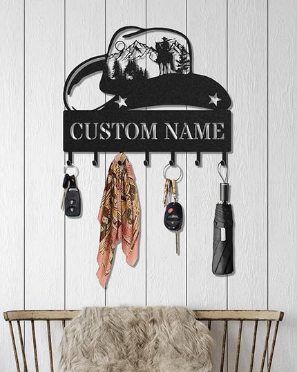 LOWACOS Personalized Key Holder for Wall, Custom Metal Cowboy Key Hooks with Name, Meta Jacket Holder Hooks Organizer Rack, Jacket Hanger Decor for Kitchen, Entryway, Hallway, Office, Doorway