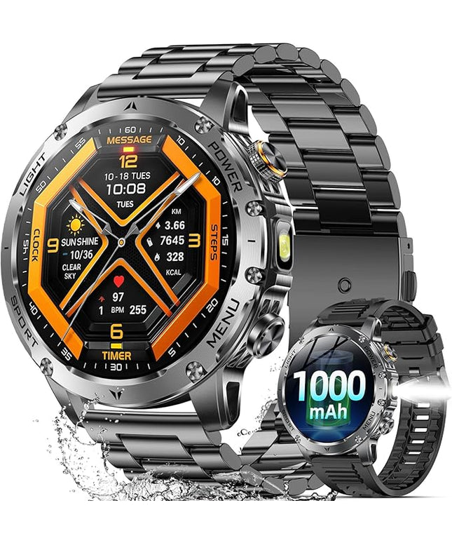 Military Smart Watches for Men, 1.7″ Smartwatch with 1000 mAh Battery/2 Straps/Led Flashlight/Heart Rate/Sleep Monitor 100+ Sport Modes, Answer/Make Calls Fitness Watch for Android/iPhone