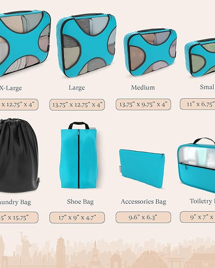 Shacke Premium 8 Packing Cubes Set - Lightweight Mesh Travel Luggage Organizers with Laundry Bag, 8-Piece Suitcase Storage System (Aqua Teal)